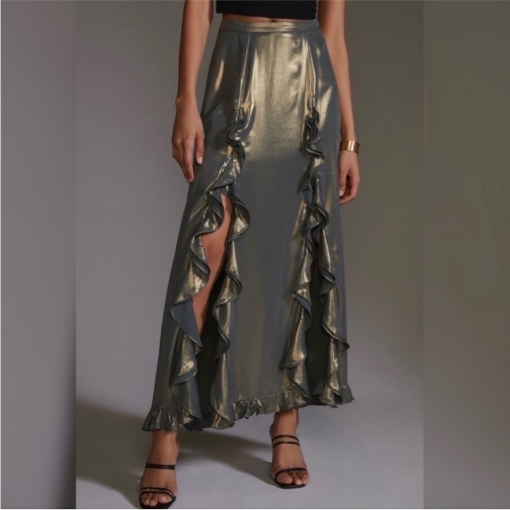 NWT Anthropologie Metallic Skirt with Ruffle Detail - Picture 2 of 6